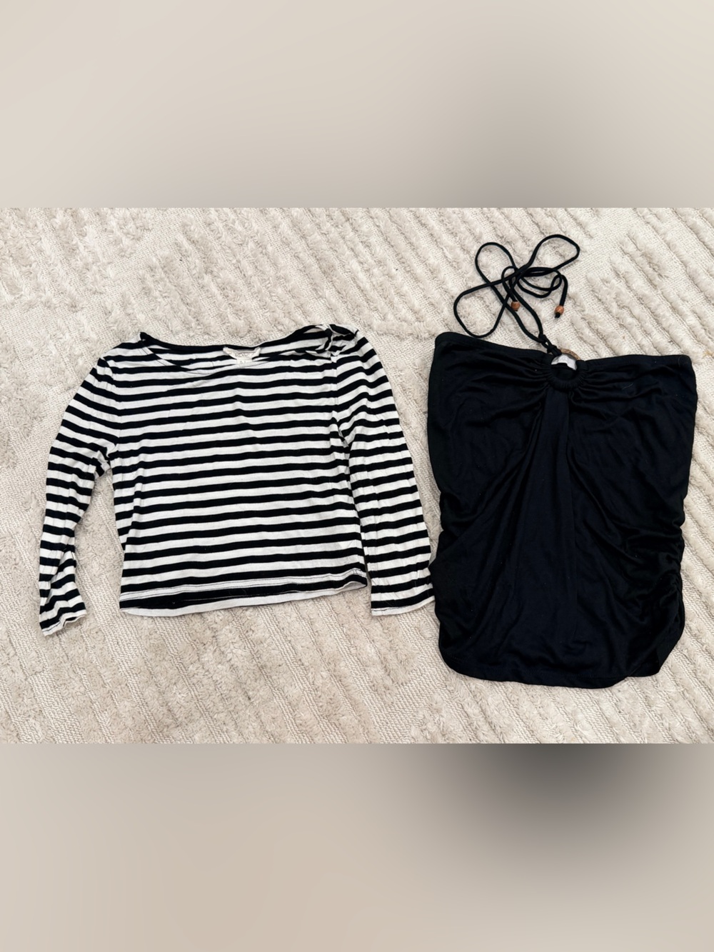 BUNDLE Black & White Striped Long Sleeve Top + Black Skirt Set